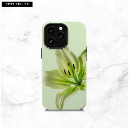 Floral iPhone 13 pro case with a green lily flower on a soft green background