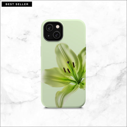 Floral iPhone 14 case with a green lily flower on a soft green background
