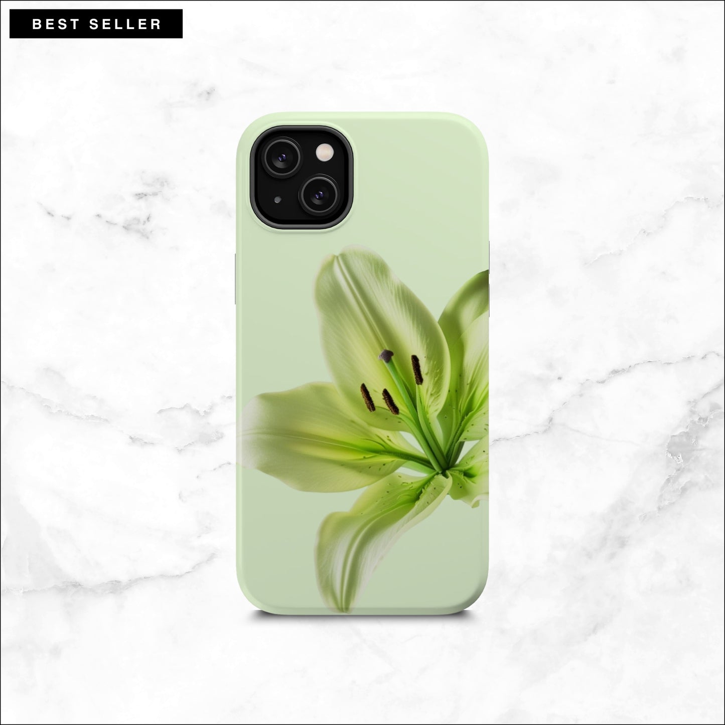 Floral iPhone 14 plus case with a green lily flower on a soft green background