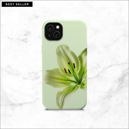 Floral iPhone 14 plus case with a green lily flower on a soft green background