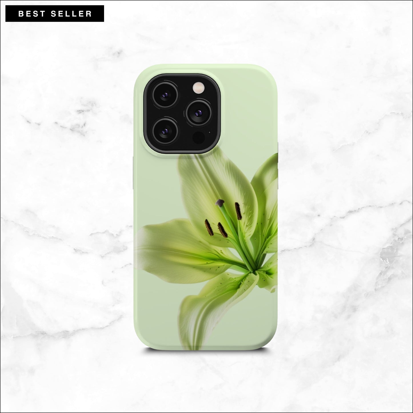 Floral iPhone 14 pro case with a green lily flower on a soft green background
