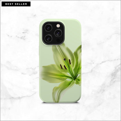 Floral iPhone 14 pro case with a green lily flower on a soft green background