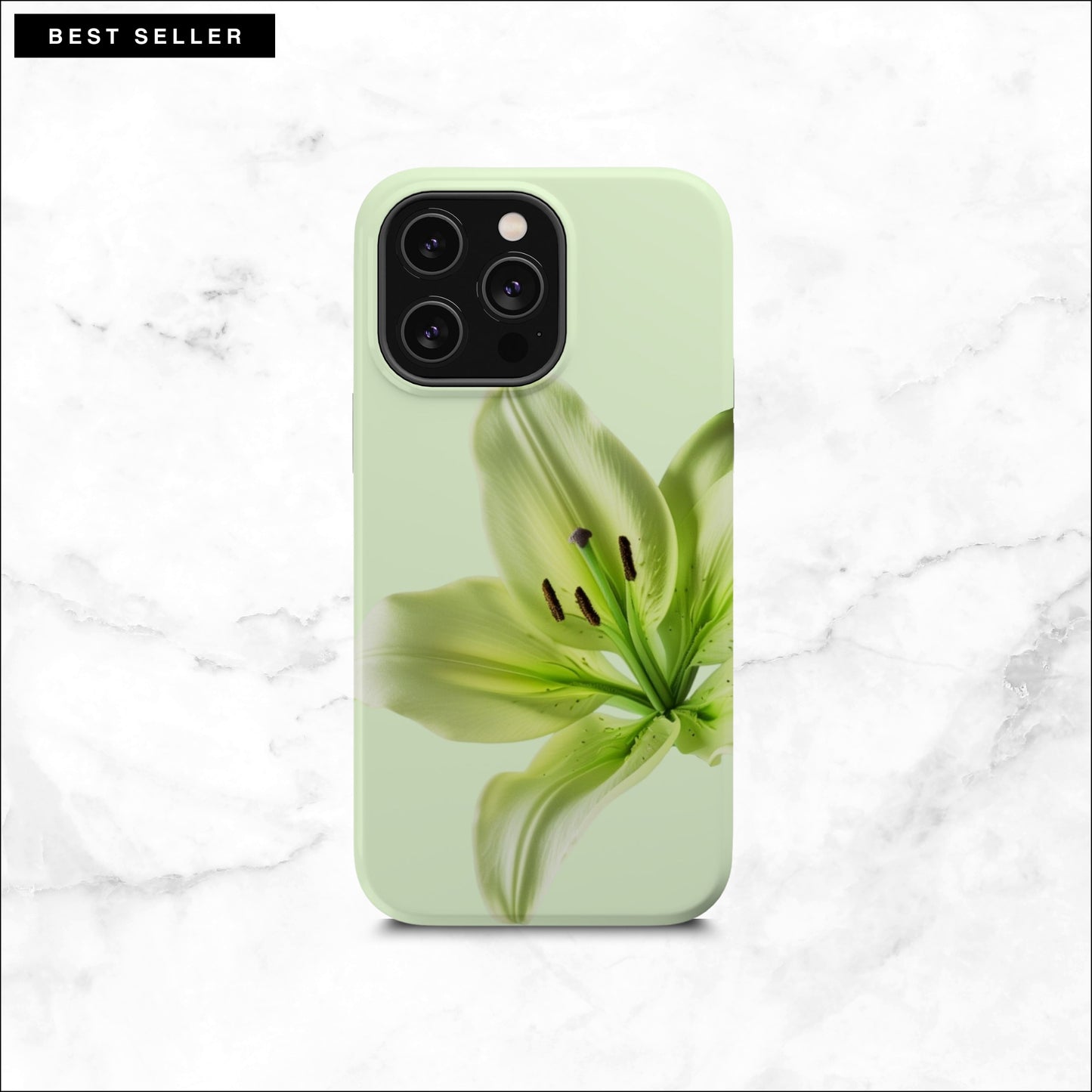 Floral iPhone 14 pro max case with a green lily flower on a soft green background