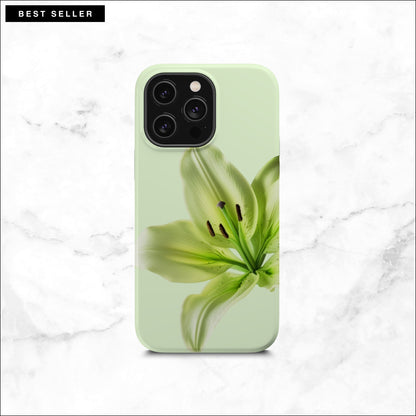 Floral iPhone 14 pro max case with a green lily flower on a soft green background