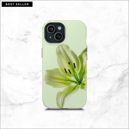 Floral iPhone 15 case with a green lily flower on a soft green background