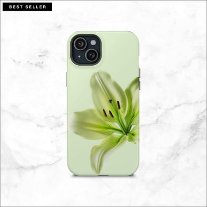 Floral iPhone 15 plus case with a green lily flower on a soft green background