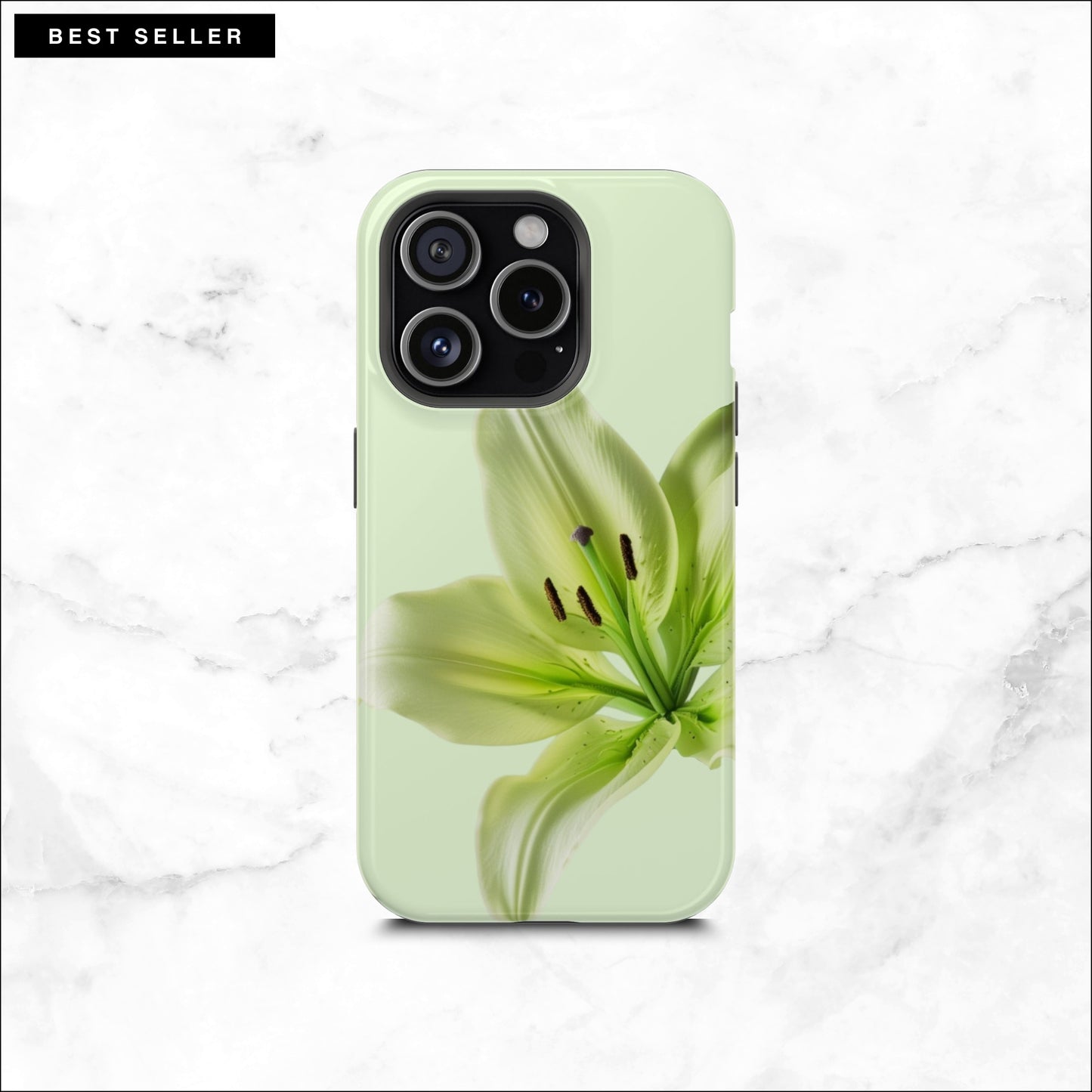 Floral iPhone 15 pro case with a green lily flower on a soft green background