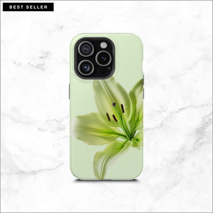 Floral iPhone 15 pro case with a green lily flower on a soft green background