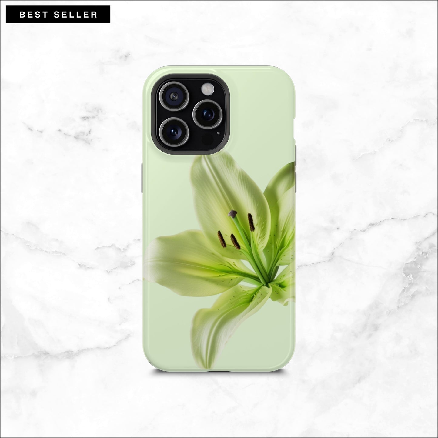 Floral iPhone 15 pro max case with a green lily flower on a soft green background