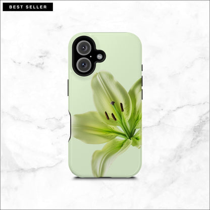 Floral iPhone 16 case with a green lily flower on a soft green background