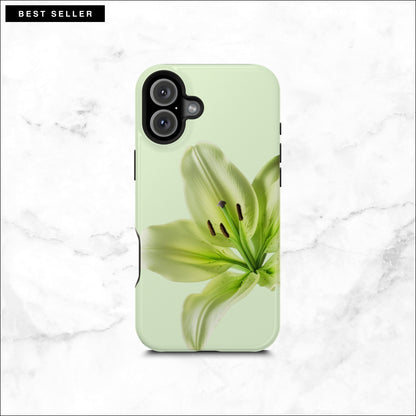 Floral iPhone 16 plus case with a green lily flower on a soft green background