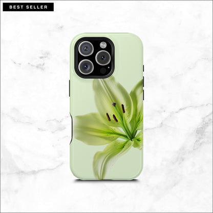 Floral iPhone 16 pro case with a green lily flower on a soft green background