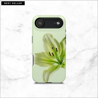 Floral iPhone 17 air case with a green lily flower on a soft green background