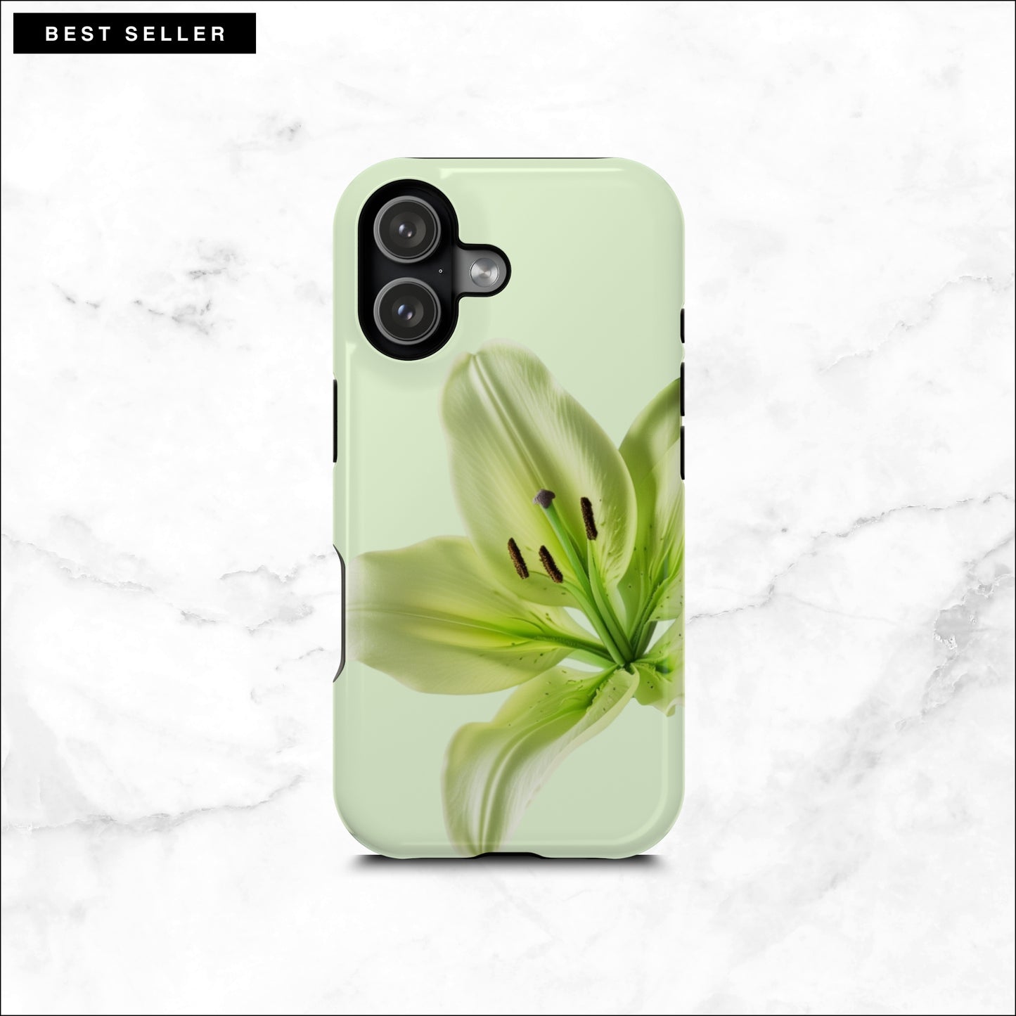 Floral iPhone 17 case with a green lily flower on a soft green background
