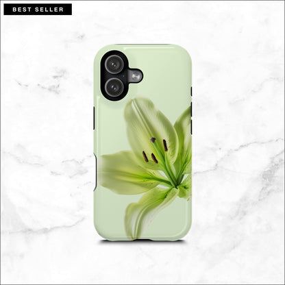 Floral iPhone 17 case with a green lily flower on a soft green background