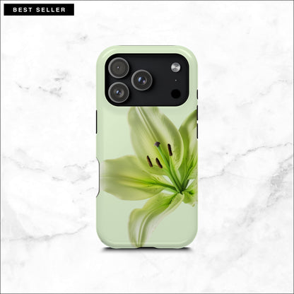 Floral iPhone 17 pro case with a green lily flower on a soft green background