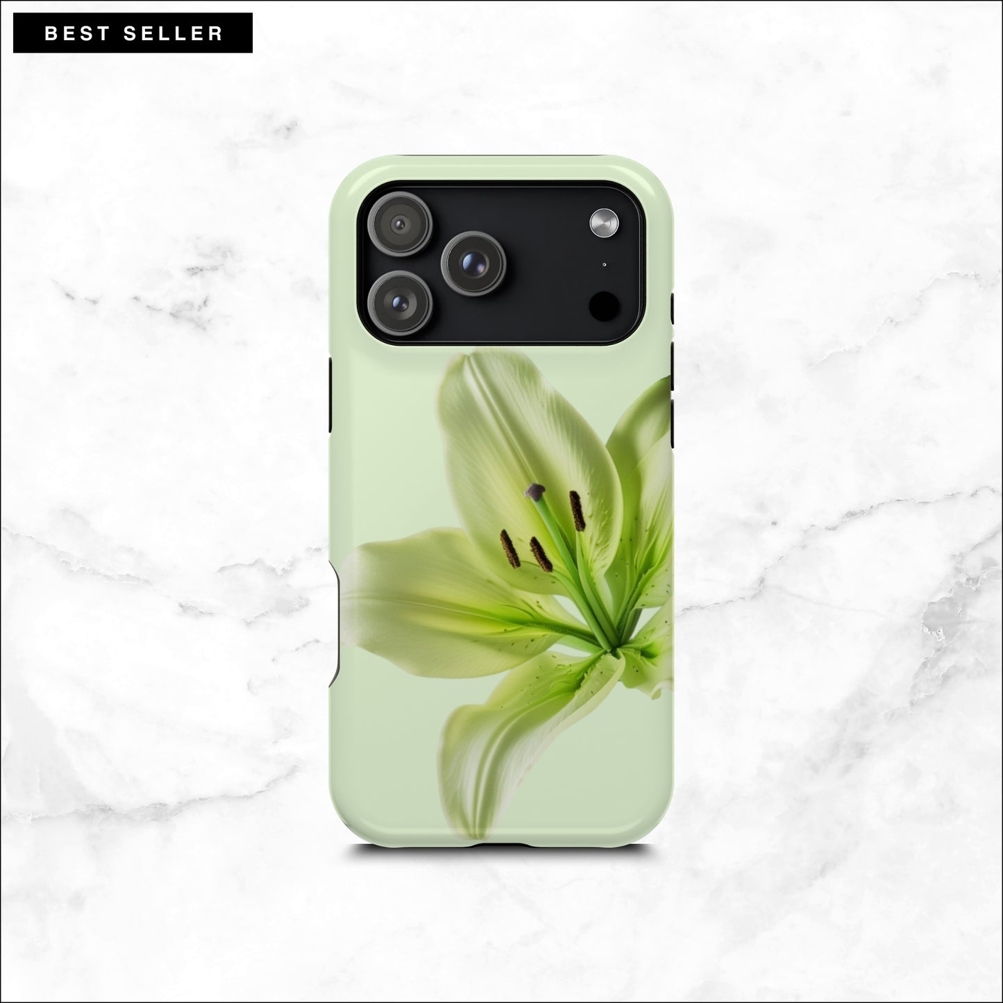 Floral iPhone 17 pro max case with a green lily flower on a soft green background