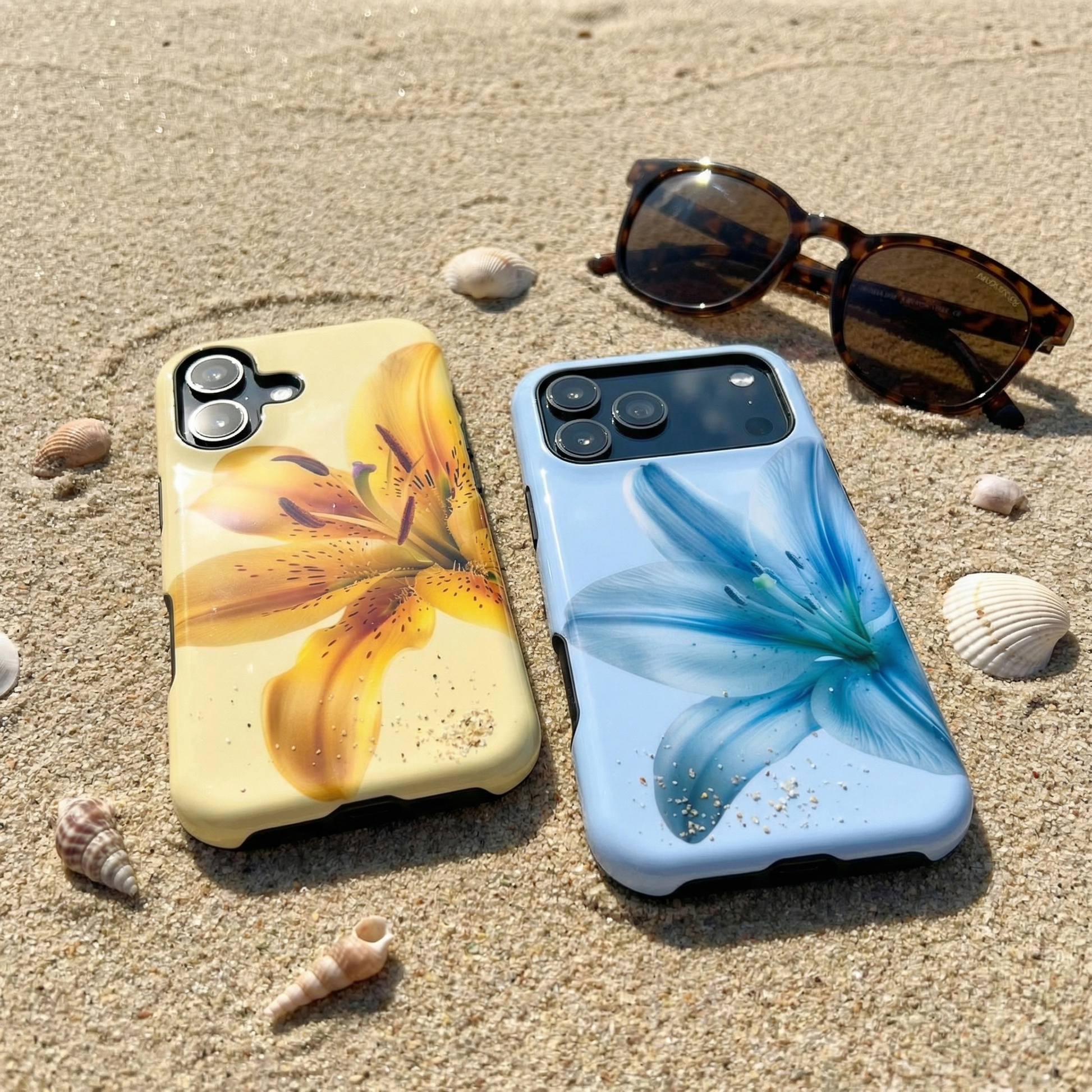 Two iphone cases with floral designs on a sandy surface with sunglasses and shells.