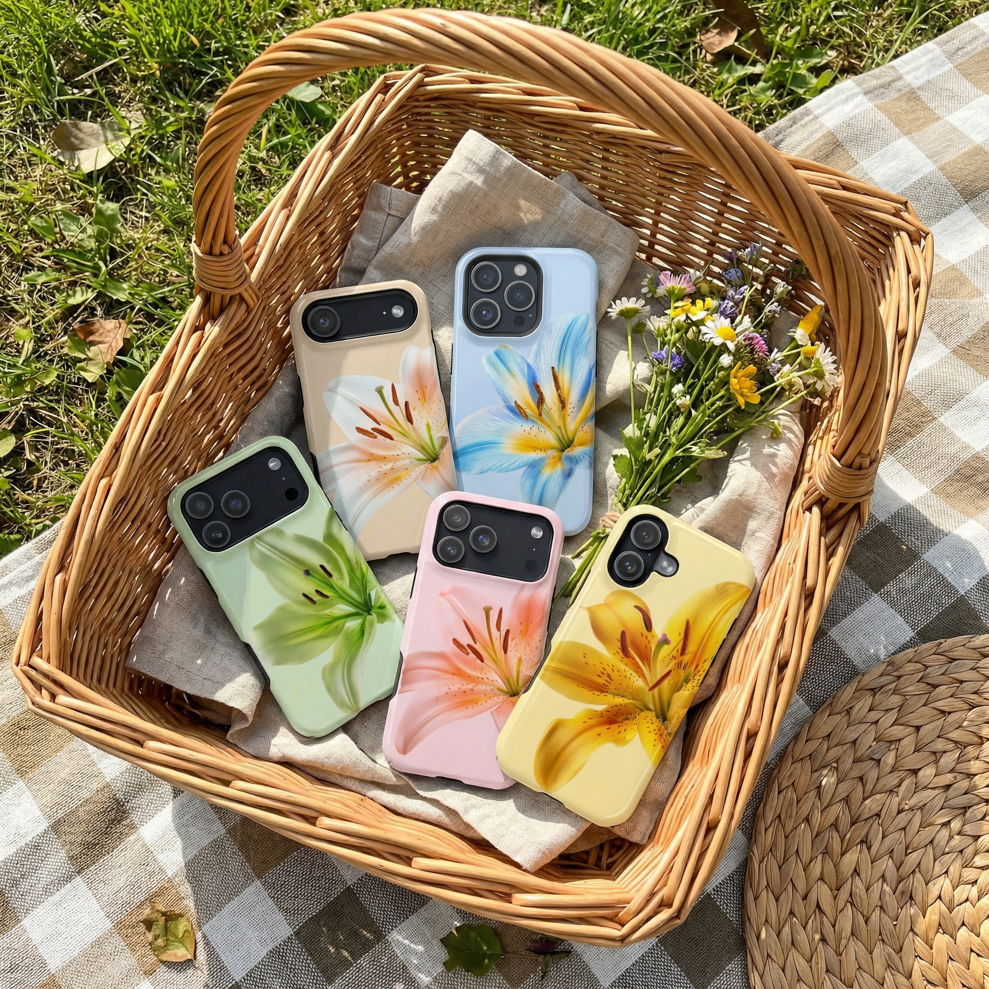 Basket with floral iphone cases on a checkered blanket outdoors