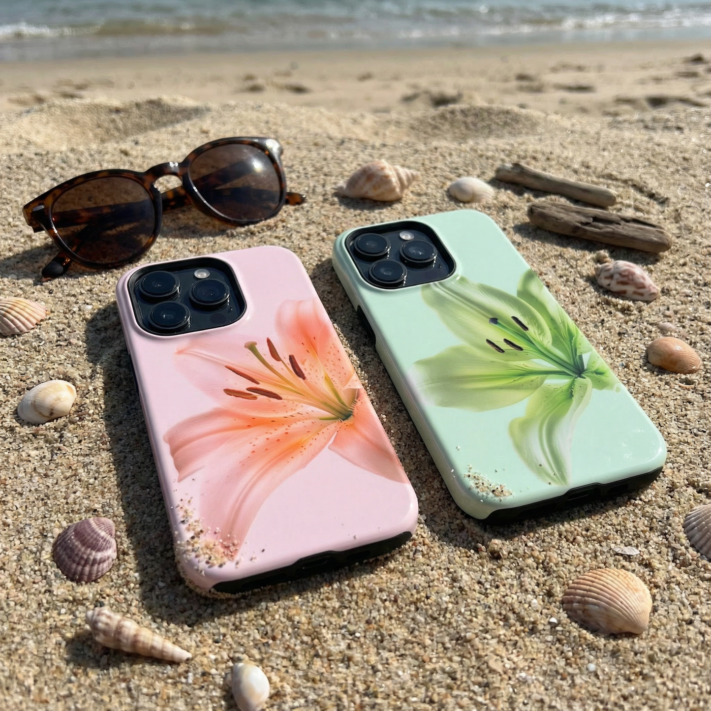 Two iphone cases with floral designs on a sandy beach with sunglasses and shells.