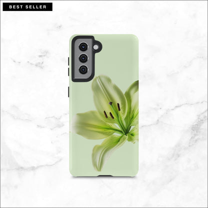 Floral Samsung galaxy S21 case with a green flower on a light green background
