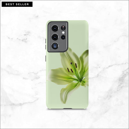 Floral Samsung galaxy S21 ultra case with a green flower on a light green background