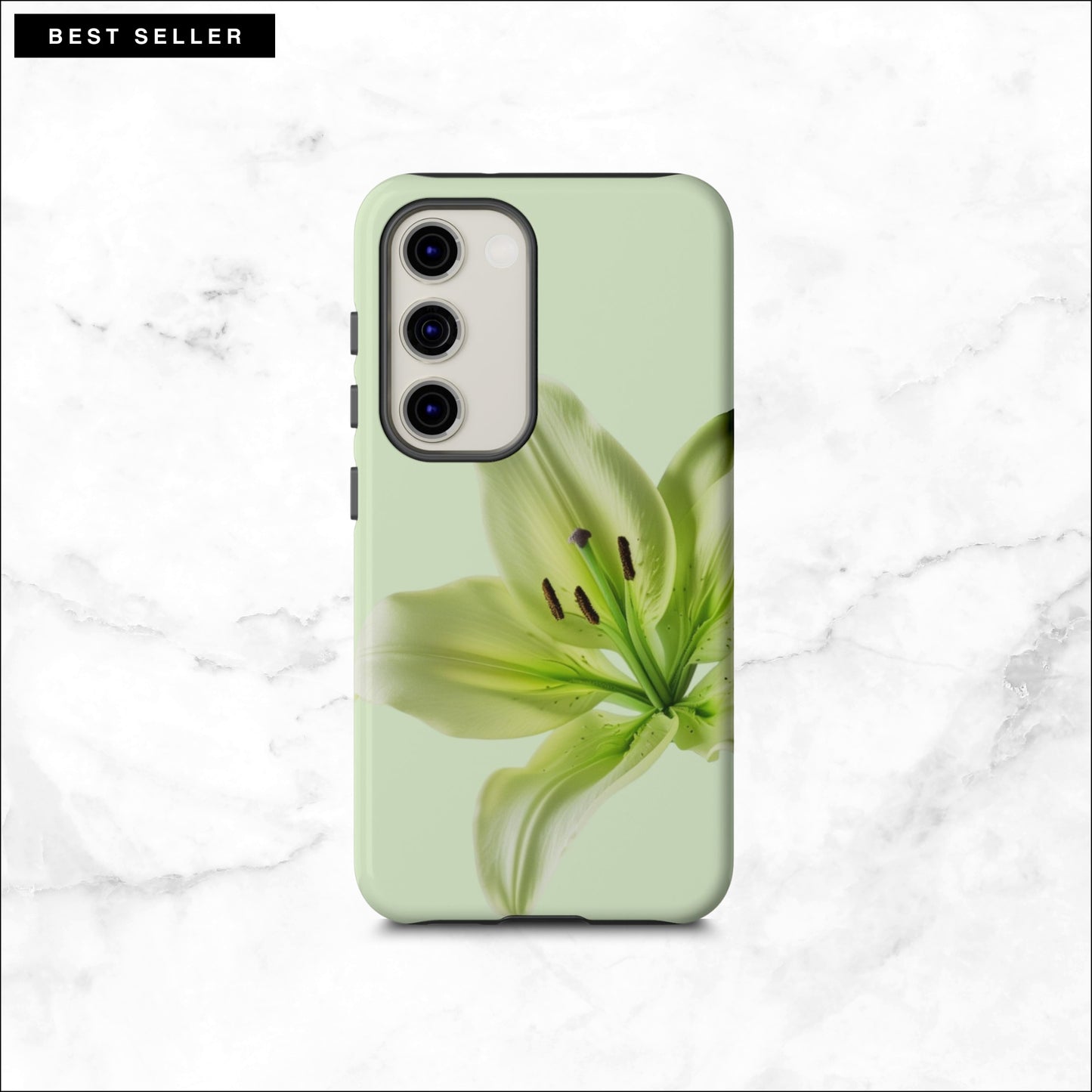 Floral Samsung galaxy S23 case with a green flower on a light green background