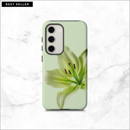 Floral Samsung galaxy S23 case with a green flower on a light green background