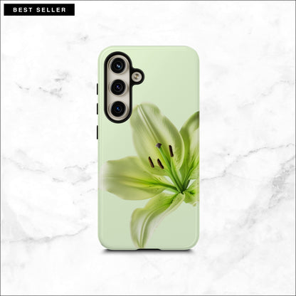 Floral Samsung galaxy S24 case with a green flower on a light green background