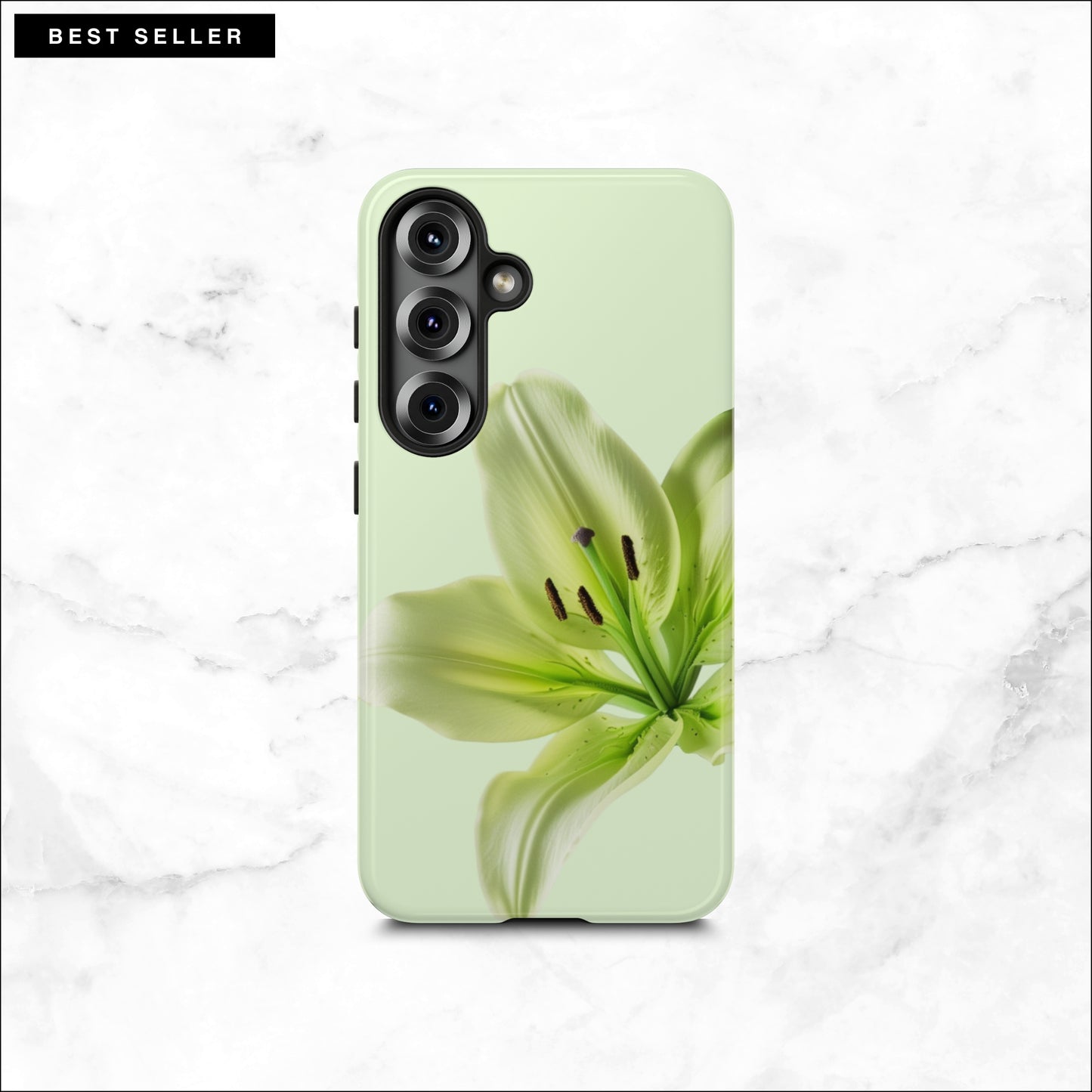 Floral Samsung galaxy case with a green flower on a light green background